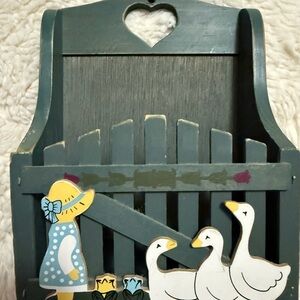 Vintage Hand-Painted Wooden Wall Pocket with key hooks - Girl and Geese - Blue